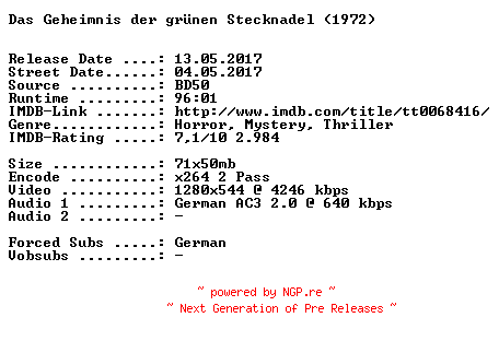 NFO for the release Das.Geheimnis.der.gruenen.Stecknadel.1972.KiNOFASSUNG.German.720p.BluRay.x264-SPiCY by SPiCY