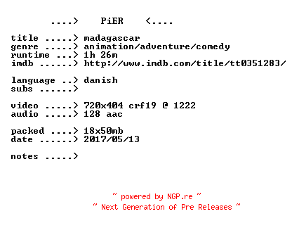 NFO for the release Madagascar.2005.iNTERNAL.DANiSH.BDRip.x264-PiER by PiER