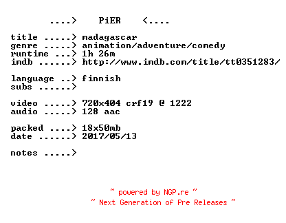 NFO for the release Madagascar.2005.iNTERNAL.FiNNiSH.BDRip.x264-PiER by PiER