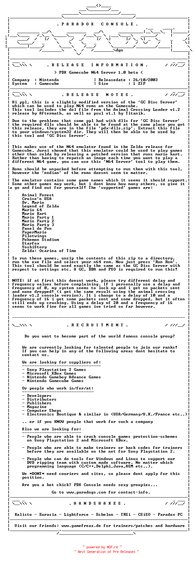 NFO for the release GC_N64_Server_1.0_BETA_GCN-PARADOX by PARADOX