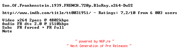NFO for the release Son.Of.Frankenstein.1939.FRENCH.720p.BluRay.x264-DuSS by DuSS