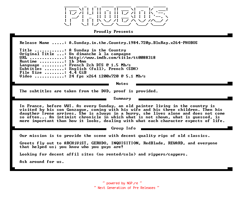NFO for the release A.Sunday.in.the.Country.1984.720p.BluRay.x264-PHOBOS by PHOBOS
