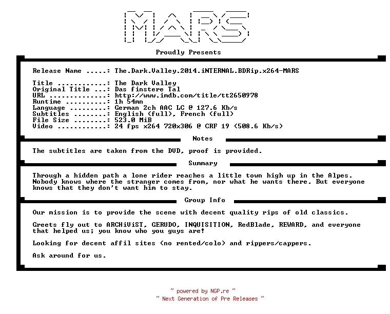 NFO for the release The.Dark.Valley.2014.iNTERNAL.BDRip.x264-MARS by MARS