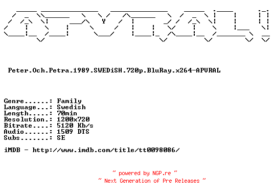 NFO for the release Peter.Och.Petra.1989.SWEDiSH.720p.BluRay.x264-APVRAL by APVRAL