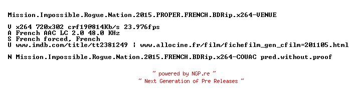 NFO for the release Mission.Impossible.Rogue.Nation.2015.PROPER.FRENCH.BDRip.x264-VENUE by VENUE