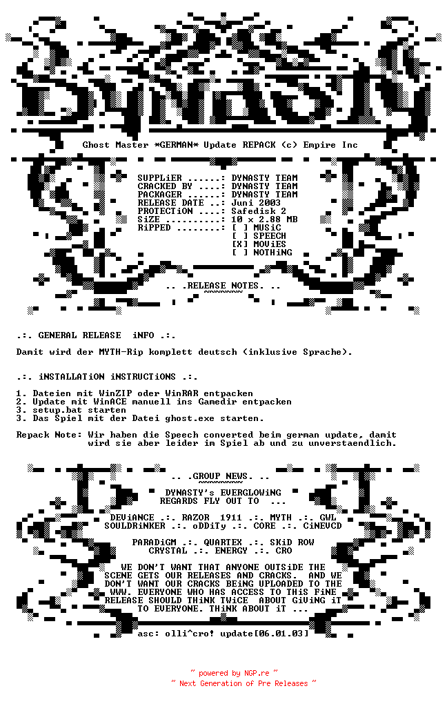 NFO for the release Ghost.Master.GERMAN.Update.REPACK-DYNASTY by DYNASTY