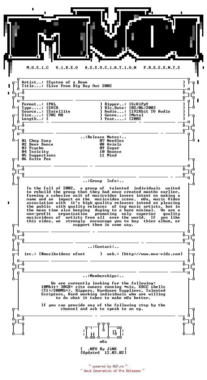 NFO for the release System_of_a_down-live_from_big_day_out-svcd-2002-mVa by mVa