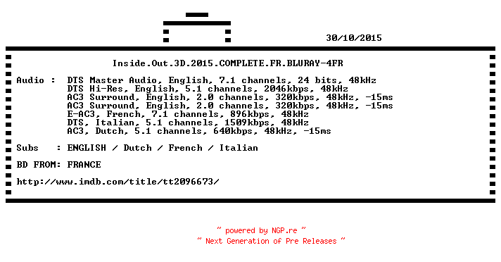 NFO for the release Inside.Out.3D.2015.COMPLETE.FR.BLURAY-4FR by 4FR