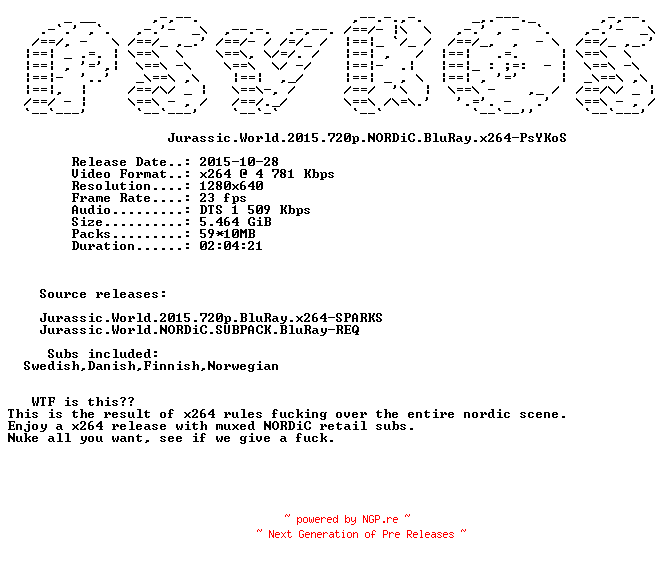 NFO for the release Jurassic.World.2015.720p.NORDiC.BluRay.x264-PsYKoS by PsYKoS