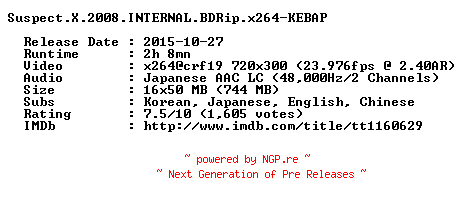 NFO for the release Suspect.X.2008.INTERNAL.BDRip.x264-KEBAP by KEBAP