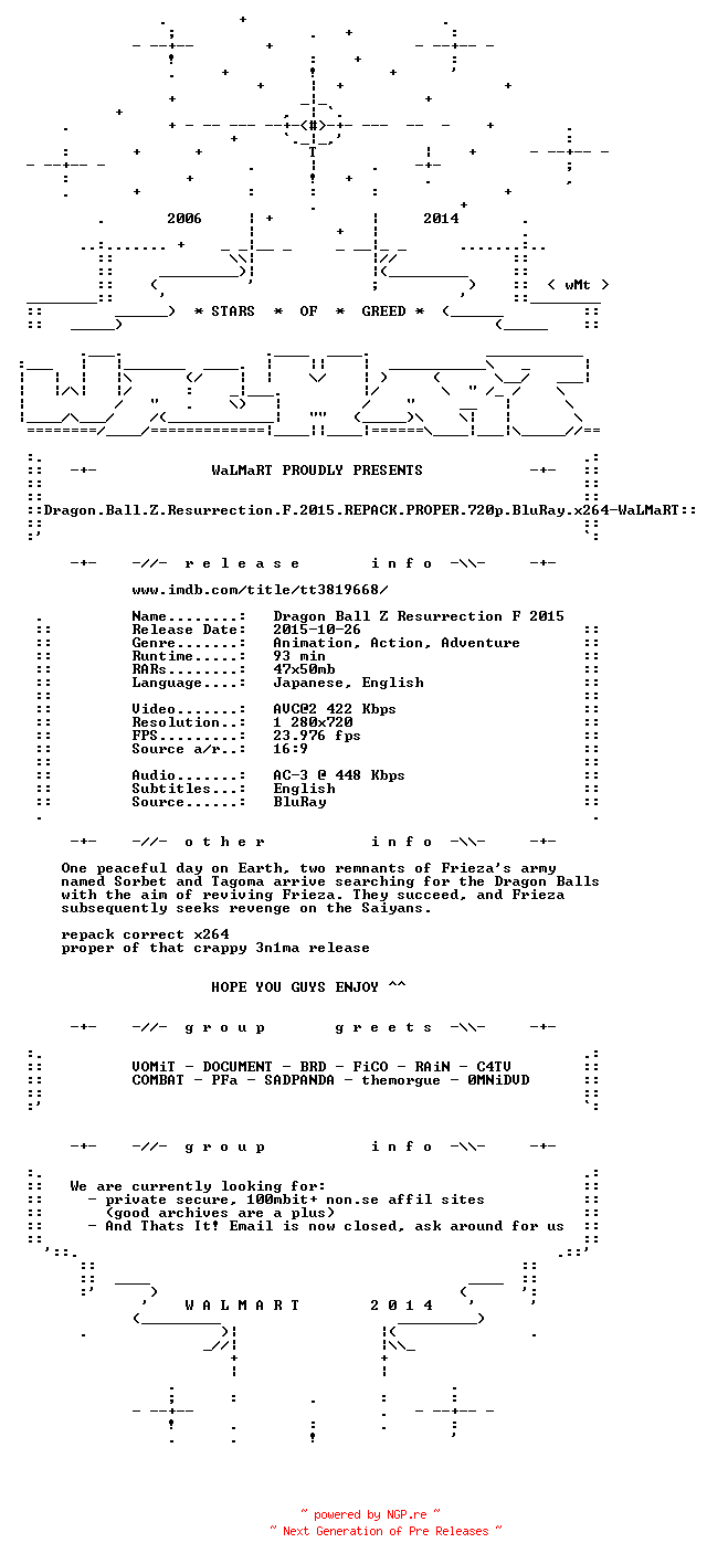 NFO for the release Dragon.Ball.Z.Resurrection.F.2015.REPACK.PROPER.720p.BluRay.x264-WaLMaRT by WaLMaRT