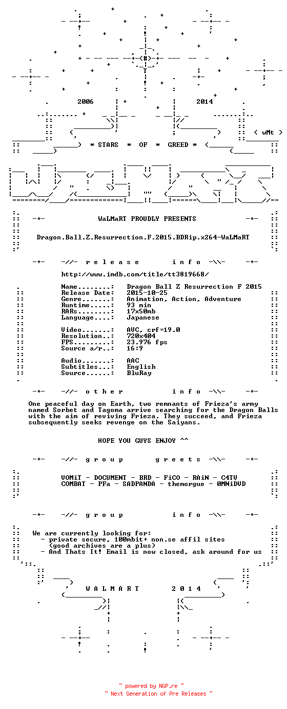 NFO for the release Dragon.Ball.Z.Resurrection.F.2015.BDRip.x264-WaLMaRT by WaLMaRT
