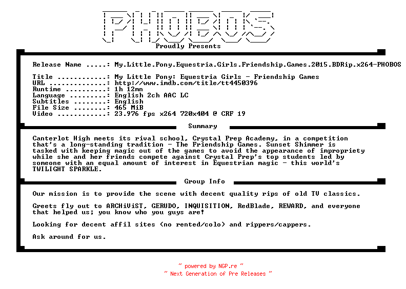 NFO for the release My.Little.Pony.Equestria.Girls.Friendship.Games.2015.BDRip.x264-PHOBOS by PHOBOS