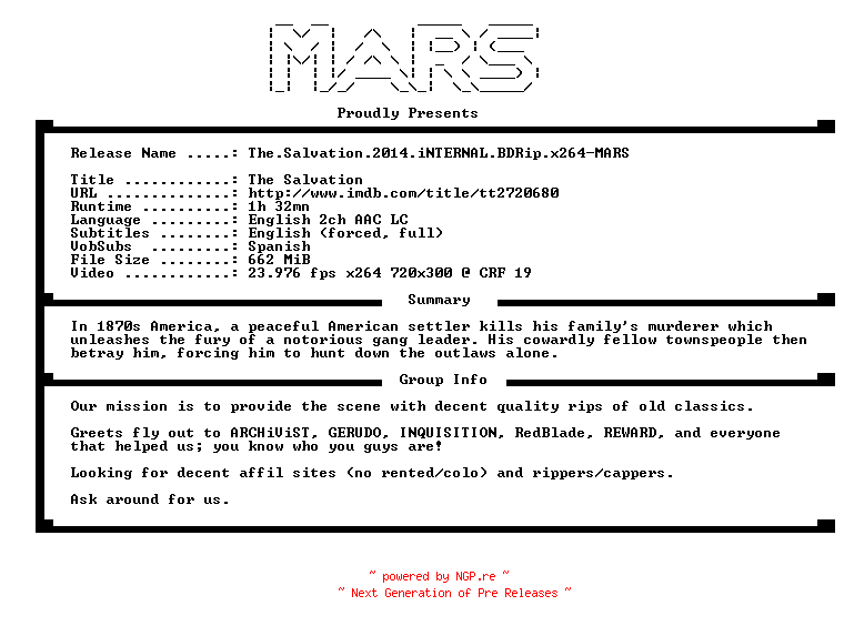 NFO for the release The.Salvation.2014.iNTERNAL.BDRip.x264-MARS by MARS