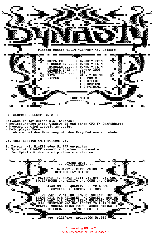 NFO for the release Platoon.Update.v1.14.GERMAN-DYNASTY by DYNASTY