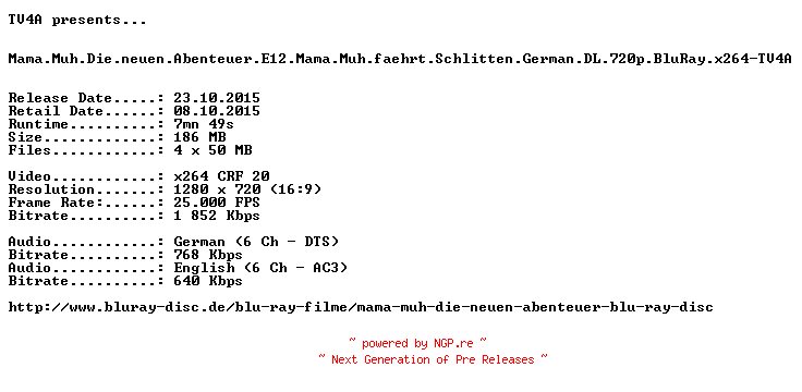 NFO for the release Mama.Muh.Die.neuen.Abenteuer.E12.Mama.Muh.faehrt.Schlitten.German.DL.720p.BluRay.x264-TV4A by TV4A