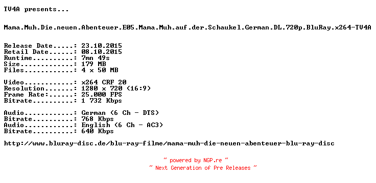 NFO for the release Mama.Muh.Die.neuen.Abenteuer.E05.Mama.Muh.auf.der.Schaukel.German.DL.720p.BluRay.x264-TV4A by TV4A