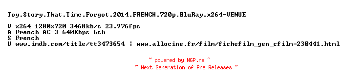 NFO for the release Toy.Story.That.Time.Forgot.2014.FRENCH.720p.BluRay.x264-VENUE by VENUE