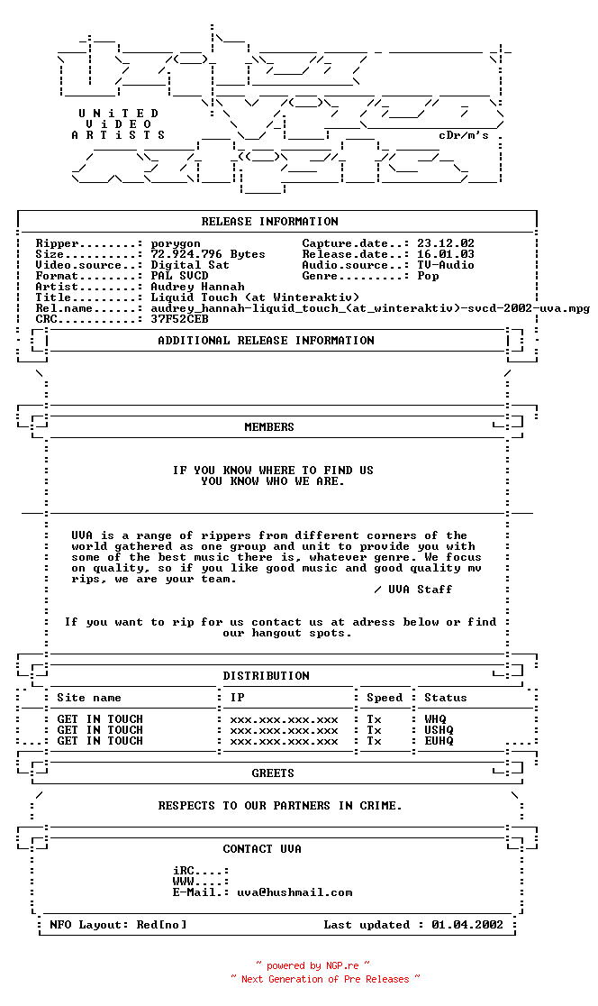 NFO for the release Audrey_hannah-liquid_touch_(at_winteraktiv)-svcd-2002-uva by uva