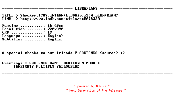 NFO for the release Shocker.1989.iNTERNAL.BDRip.x264-LiBRARiANS by LiBRARiANS