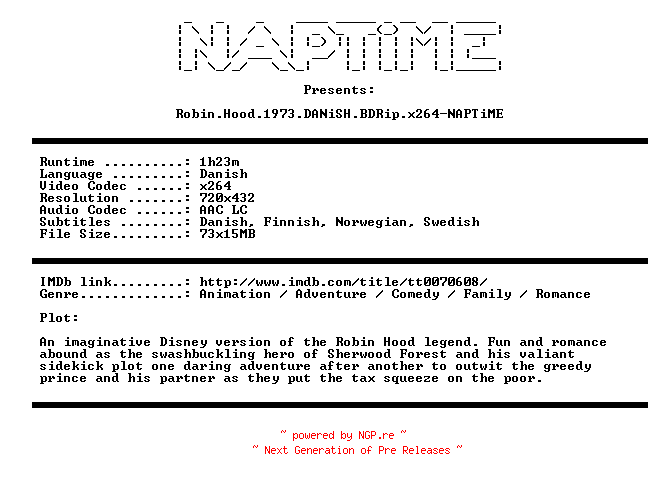NFO for the release Robin.Hood.1973.DANiSH.BDRip.x264-NAPTiME by NAPTiME
