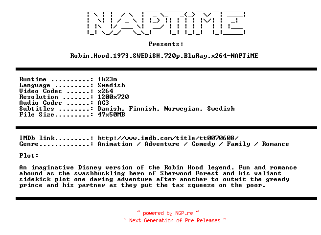 NFO for the release Robin.Hood.1973.SWEDiSH.720p.BluRay.x264-NAPTiME by NAPTiME