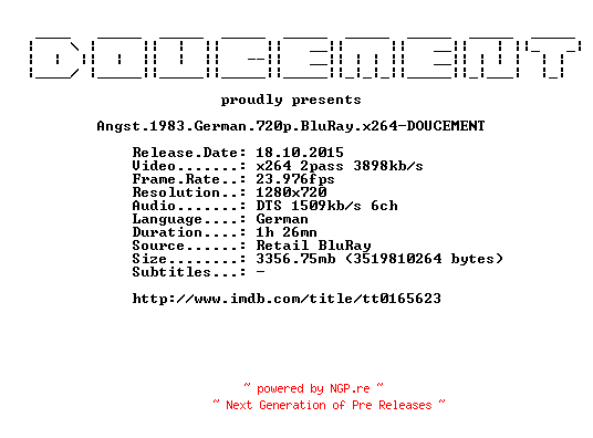 NFO for the release Angst.1983.German.720p.BluRay.x264-DOUCEMENT by DOUCEMENT