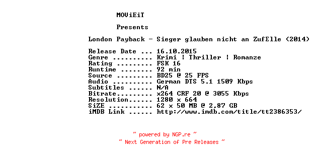 NFO for the release London.Payback.2014.German.720p.BluRay.x264-MOViEiT by MOViEiT