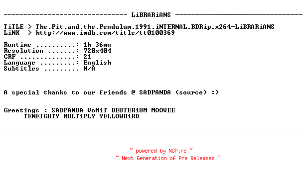 NFO for the release The.Pit.and.the.Pendulum.1991.iNTERNAL.BDRip.x264-LiBRARiANS by LiBRARiANS