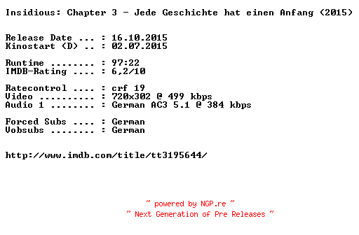 NFO for the release Insidious.Chapter.3.Jede.Geschichte.hat.einen.Anfang.German.2015.AC3.BDRiP.x264-EXQUiSiTE by EXQUiSiTE