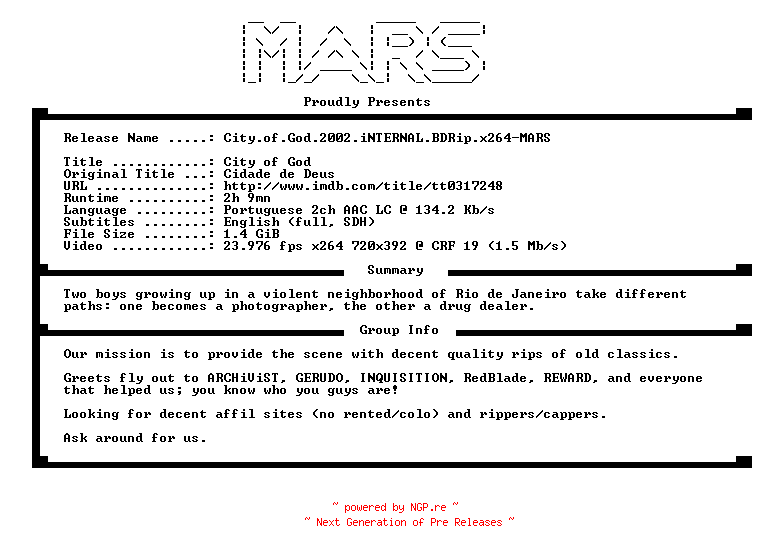 NFO for the release City.of.God.2002.iNTERNAL.BDRip.x264-MARS by MARS