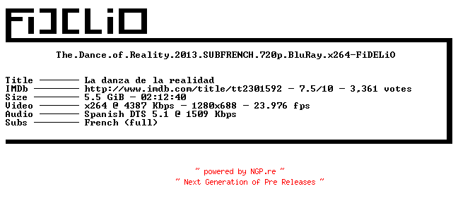 NFO for the release The.Dance.of.Reality.2013.SUBFRENCH.720p.BluRay.x264-FiDELiO by FiDELiO