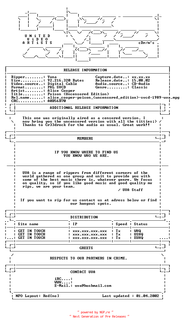 NFO for the release Alice_cooper-poison_(uncensored_edition)-svcd-1989-uva by uva