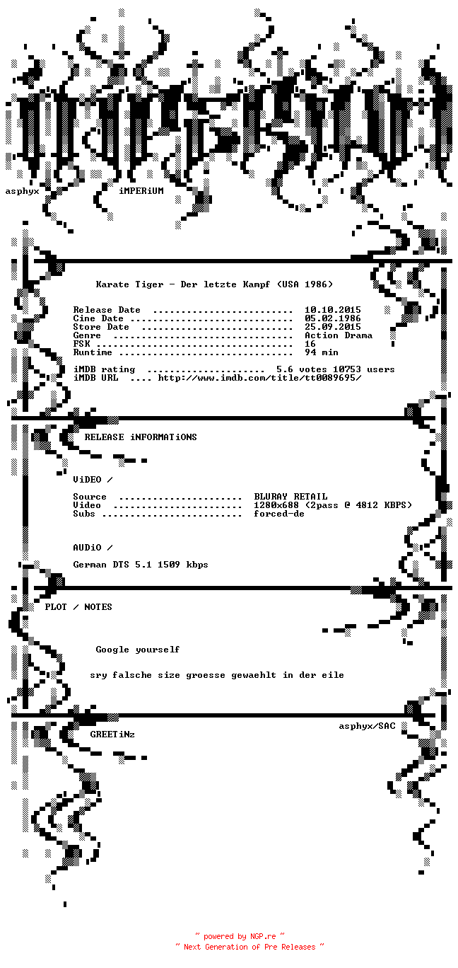 NFO for the release Karate.Tiger.UNCUT.1986.German.720p.BluRay.x264.REPACK-iMPERiUM by iMPERiUM