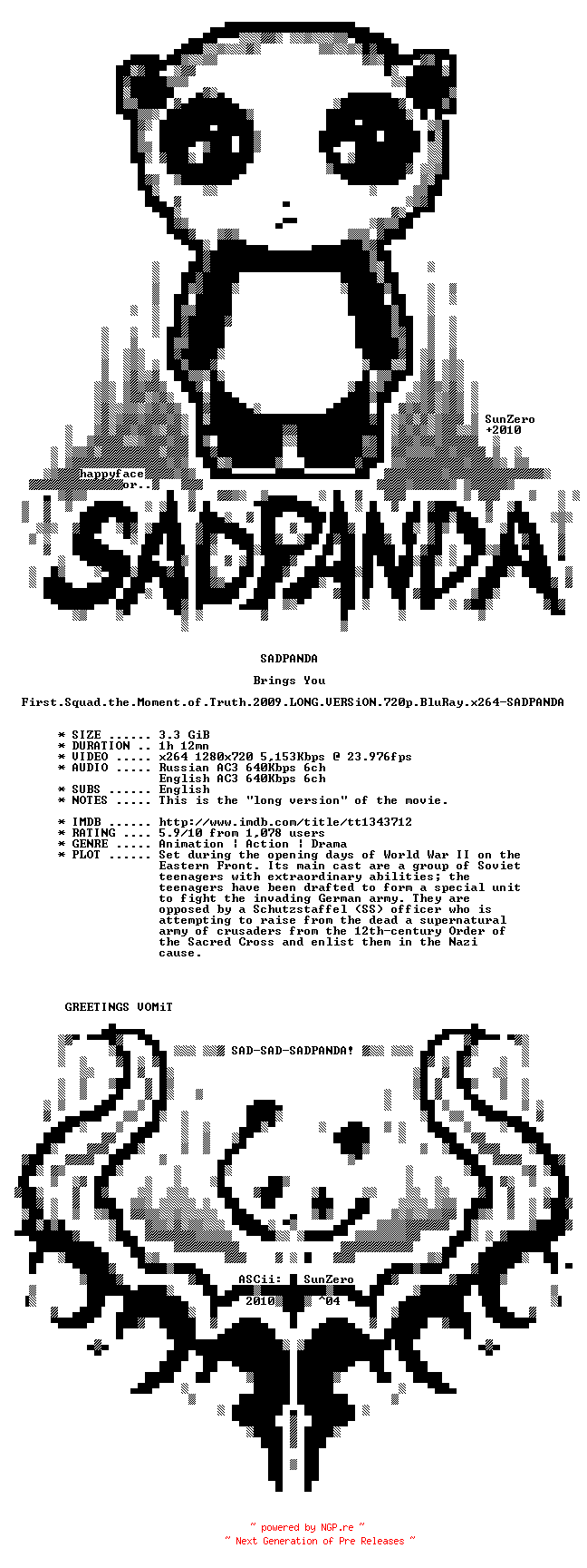 NFO for the release First.Squad.the.Moment.of.Truth.2009.LONG.VERSiON.720p.BluRay.x264-SADPANDA by SADPANDA