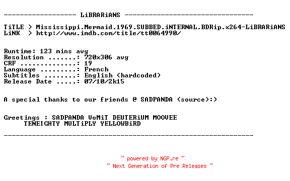 NFO for the release Mississippi.Mermaid.1969.SUBBED.iNTERNAL.BDRip.x264-LiBRARiANS by LiBRARiANS