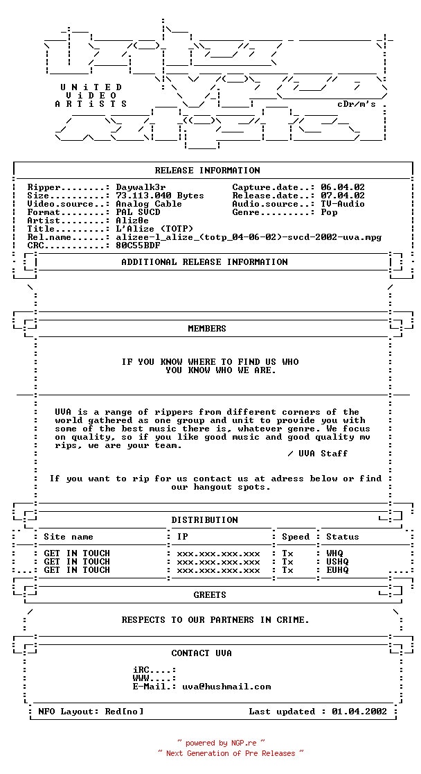 NFO for the release Alizee-l_alize_(totp_04-06-02)-svcd-2002-uva by uva