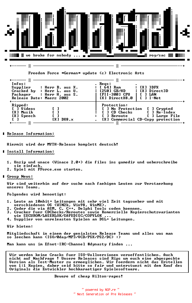 NFO for the release Freedom.Force.GERMAN.Update-DYNASTY by DYNASTY