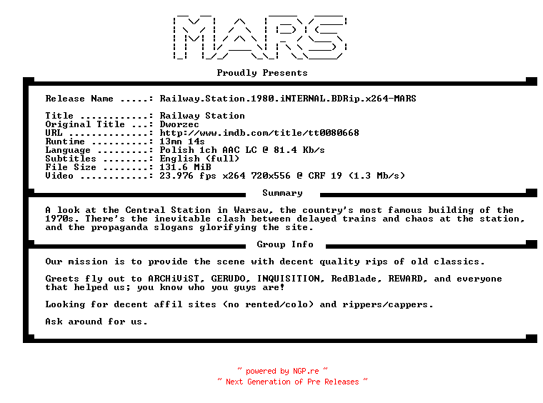 NFO for the release Railway.Station.1980.iNTERNAL.BDRip.x264-MARS by MARS