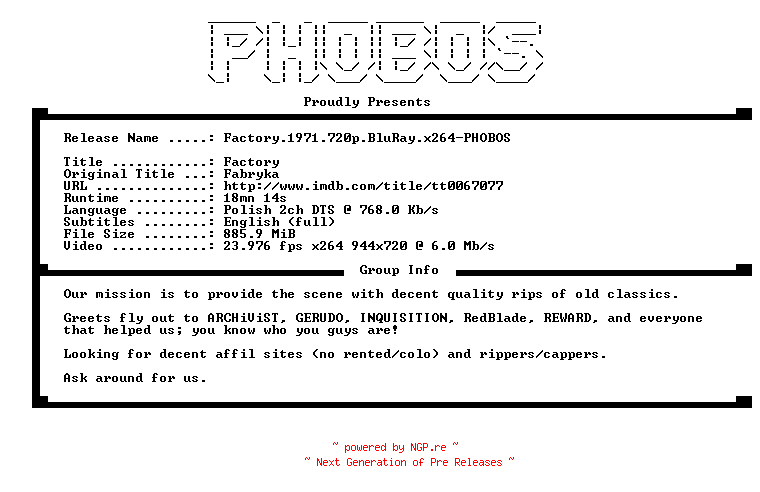 NFO for the release Factory.1971.720p.BluRay.x264-PHOBOS by PHOBOS