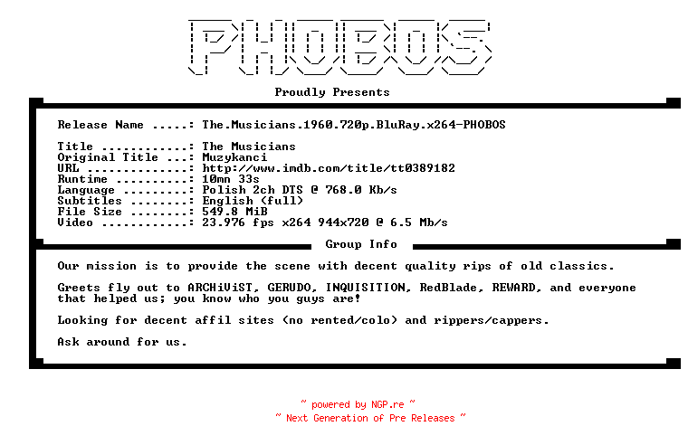 NFO for the release The.Musicians.1960.720p.BluRay.x264-PHOBOS by PHOBOS