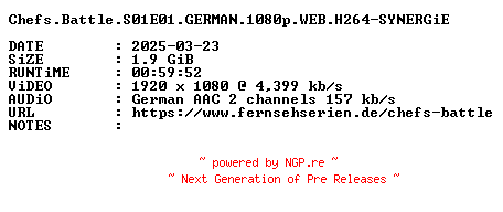 NFO for the release Chefs.Battle.S01E01.GERMAN.1080p.WEB.H264-SYNERGiE by SYNERGiE
