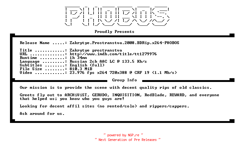 NFO for the release Zakrytye.Prostranstva.2008.BDRip.x264-PHOBOS by PHOBOS