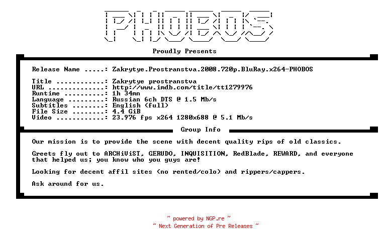 NFO for the release Zakrytye.Prostranstva.2008.720p.BluRay.x264-PHOBOS by PHOBOS