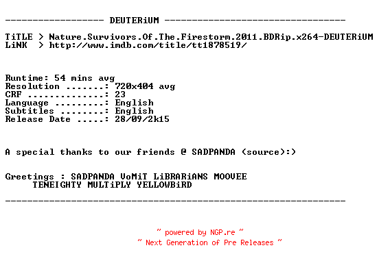 NFO for the release Nature.Survivors.Of.The.Firestorm.2011.BDRip.x264-DEUTERiUM by DEUTERiUM