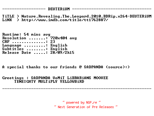 NFO for the release Nature.Revealing.The.Leopard.2010.BDRip.x264-DEUTERiUM by DEUTERiUM