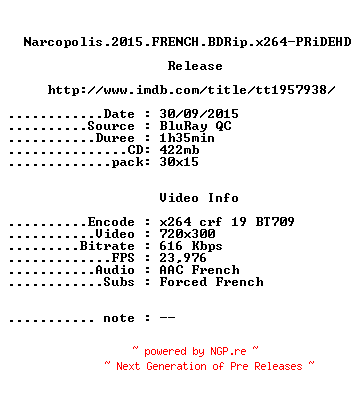 NFO for the release Narcopolis.2015.FRENCH.BDRip.x264-PRiDEHD by PRiDEHD