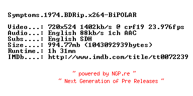 NFO for the release Symptoms.1974.BDRip.x264-BiPOLAR by BiPOLAR