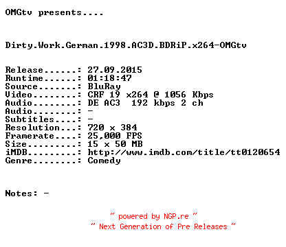 NFO for the release Dirty.Work.German.1998.AC3D.BDRiP.x264-OMGtv by OMGtv