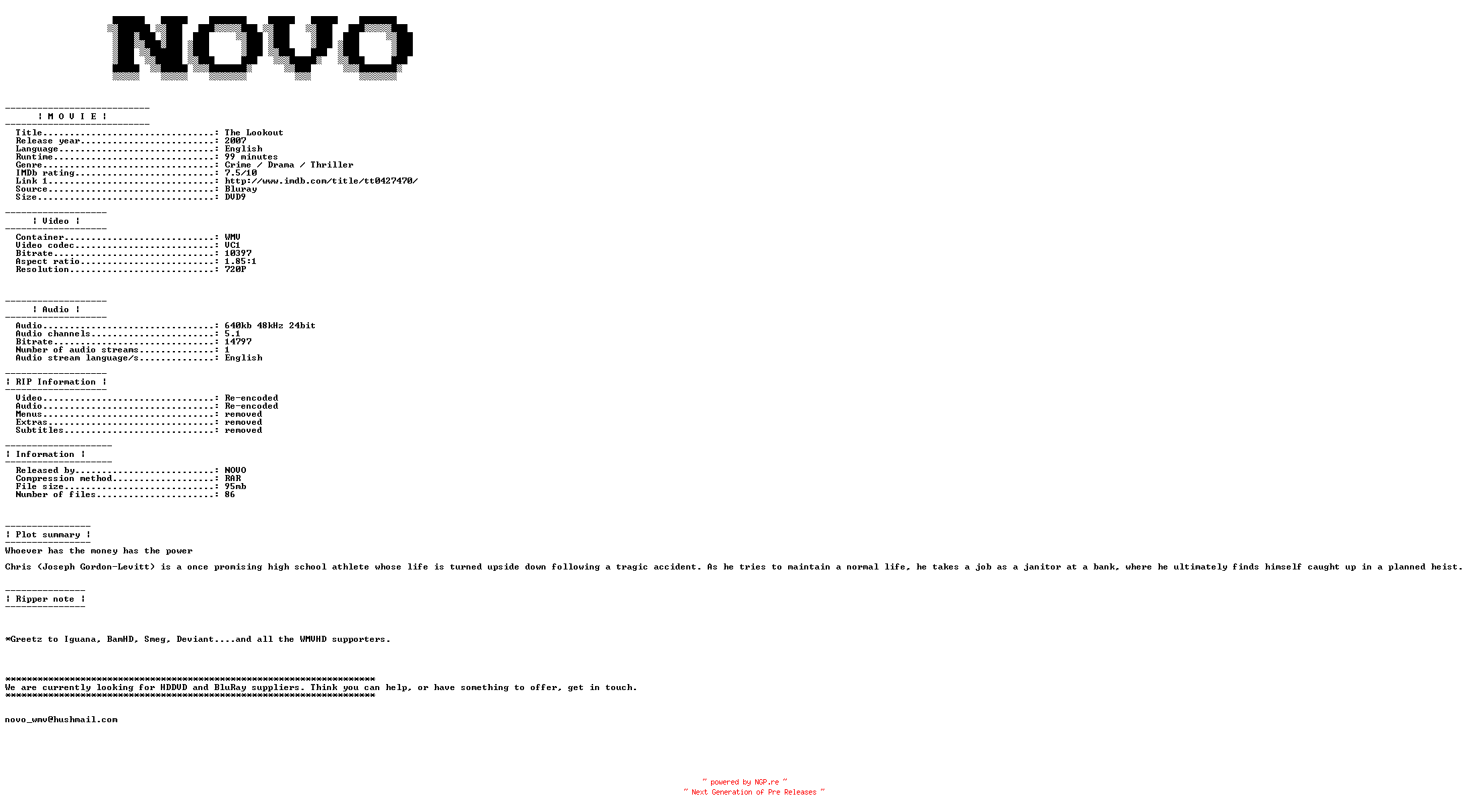NFO for the release The.Lookout.2007.Bluray.VC1.720P.5.1.WMV-NOVO by NOVO
